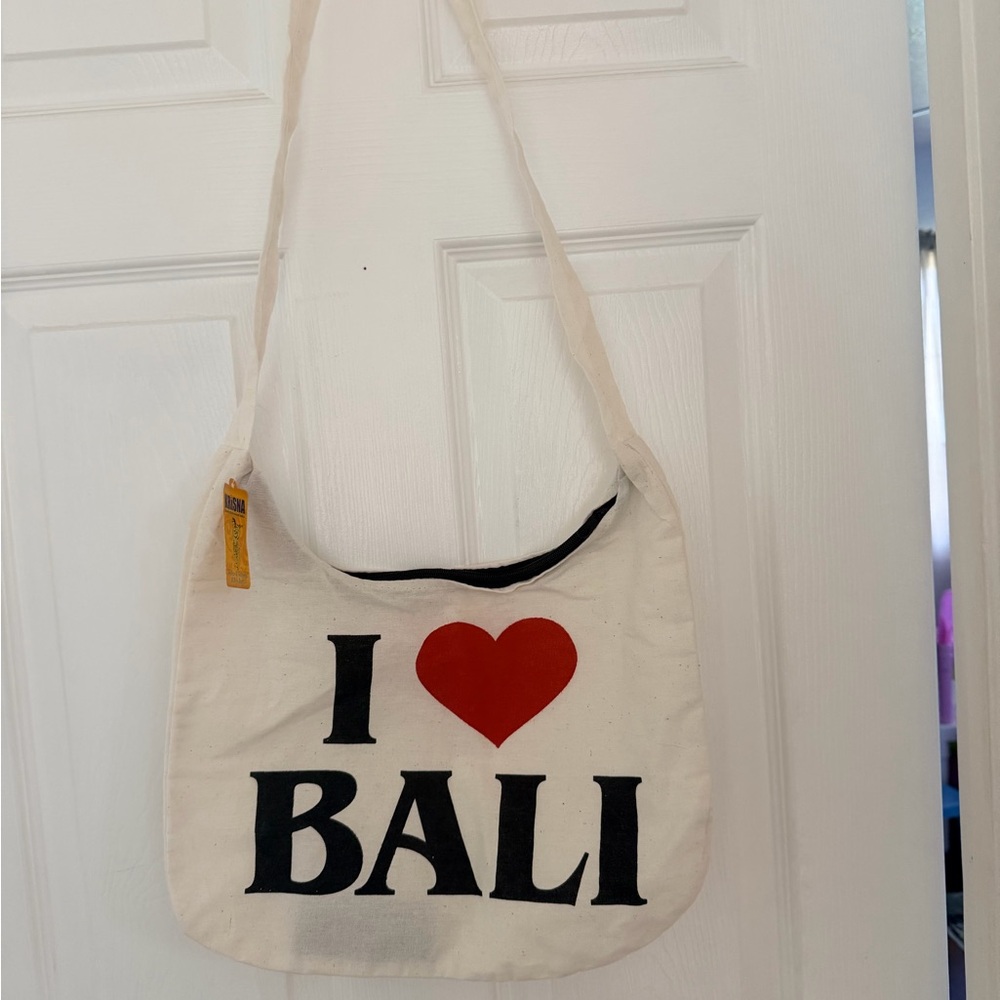 I Love Bali Canvas Shoulder Bag - Cream and Red